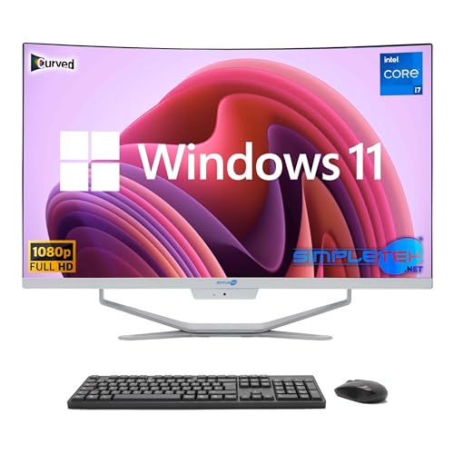 Simpletek All in One AiO 27" FHD Gebogen Windows 11 Pro Core i7 bis 3,6 GHz 16 GB RAM SSD 480 GB kabellose Tastatur inklusive integrierter Webcam PC Gaming Curved