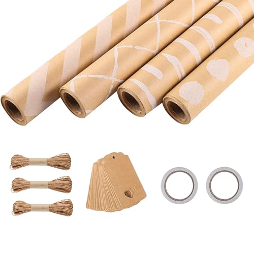 4 Rollen Weihnachtsgeschenkpapier Vintage Geschenkpapier Inklusive Etiketten String Geschenkpapier für Weihnachten