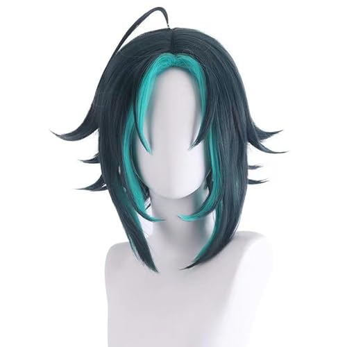 WCCNKK Anime Perücke Für Genshin Impact Xiao Cosplay Perücke, Kurzes Haar Mit Grünem Farbverlauf Für Männer, Halloween Perücke,Für Karneval Weihnachten, Mit Perückenkappe, Dekoratives Geschenk