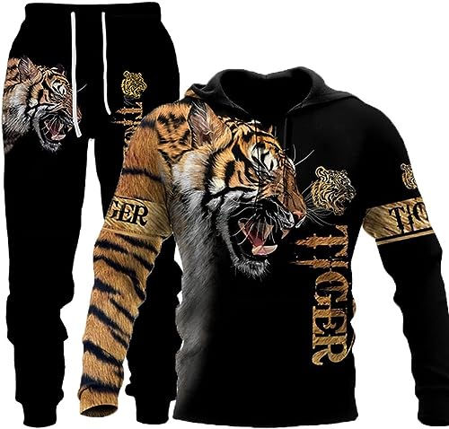 RIAAJ Herren Lion Tiger Colour Jogging Anzug Trainingsanzug Sportanzug Fitness Sporthose Hose Hoodie (A4,L)