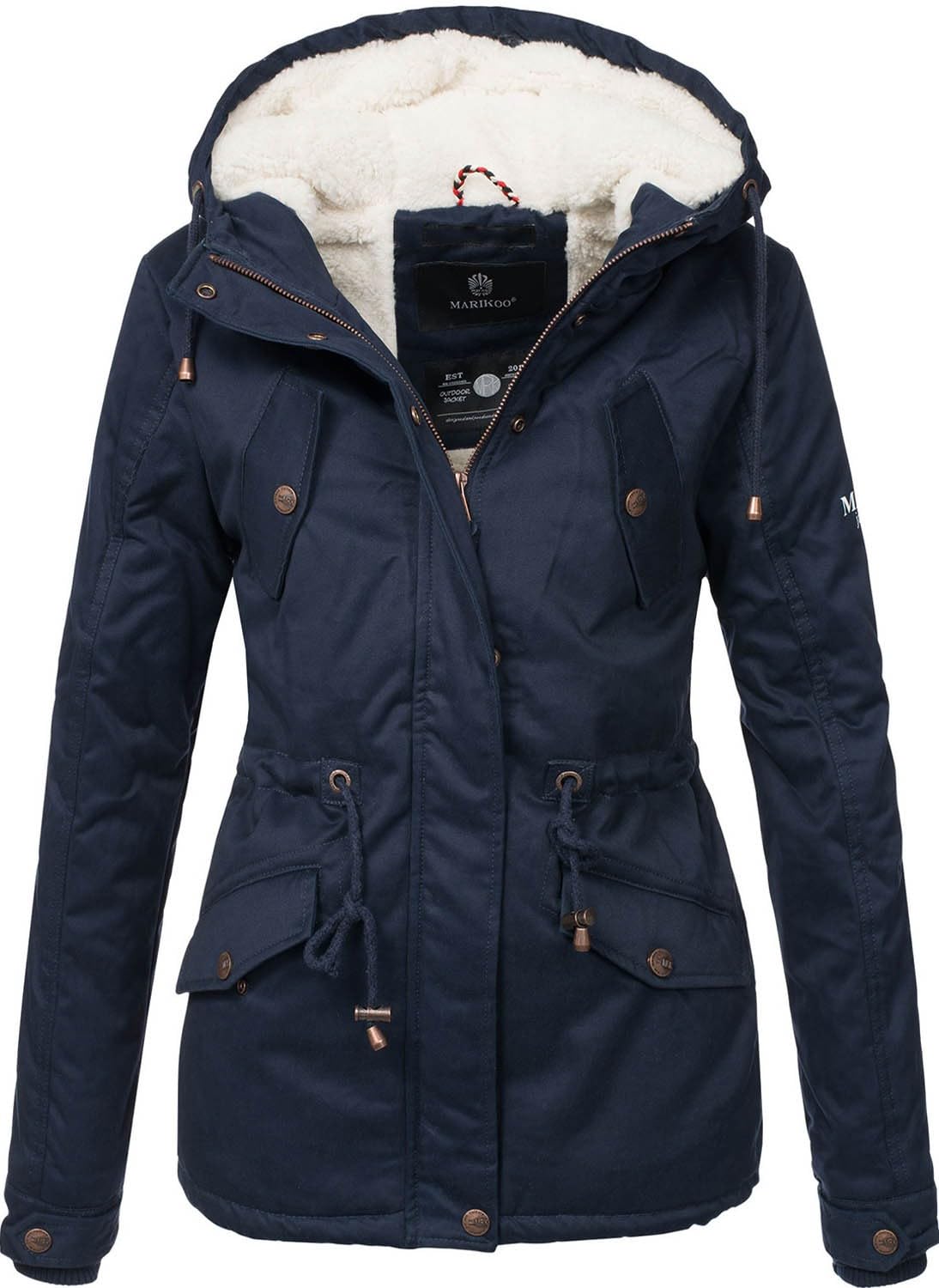 MARIKOO Damen Winter Jacke Parka Winterjacke Teddyfell gefüttert B376 [B376-Manolya-Blau-Gr.XXL]