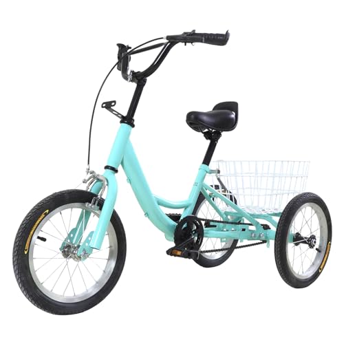 14 Zoll Dreirad für 5-6 Jahre, Dreiräder mit Klemmbremse und Korb, Kinderfahrrad Dreirädriges Höhenverstellbar für Kinder bis130cm/50Kg von Stadt, Strände, Schotterstraßen, 118*51.5*70-76cm, Hellgrün