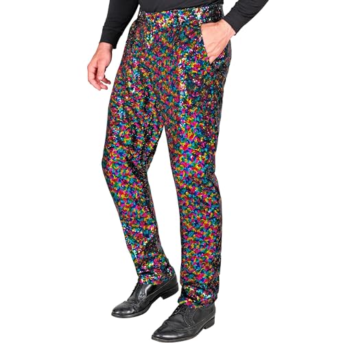 Widmann - Party Fashion Paillettenhose für Herren, Regenbogen, Disco Fever, Schlagermove, Herrenhose