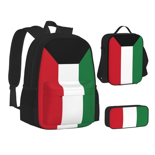 WURTON Lunchbox-Set mit kuwaitischer Flagge, 3-in-1-Rucksack und Federmäppchen, passende Kombination, Schwarz, Einheitsgröße