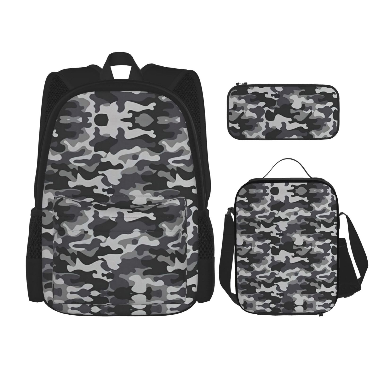 WURTON Abstrakter Camouflage-Druck, trendige Rucksacktaschen, Lunchbox und Federmäppchen, 3-in-1, verstellbares Rucksack-Set