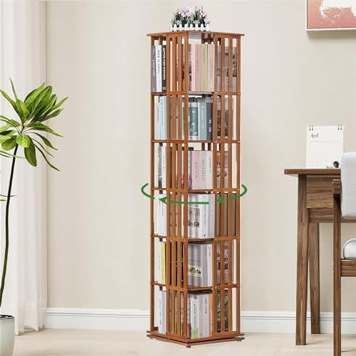 GLBMXDD Drehbares Bücherregal, kleines Eckbücherregal für kleine Räume, 360-Grad-Display, bodenstehendes Bücherregal, schmales Bambus-Lagerregal, geeignet für Schlafzimmer und Wohnzimmer,Brown