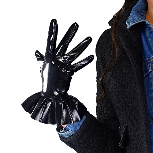 DooWay Lange Lederhandschuhe für Damen, Kunstleder, PU-Wetlook, sexy Kostüm, glänzend, Schwarz, 13 cm-100 cm, Rüschenmanschette, glänzend, 25 cm, Schwarz, 38