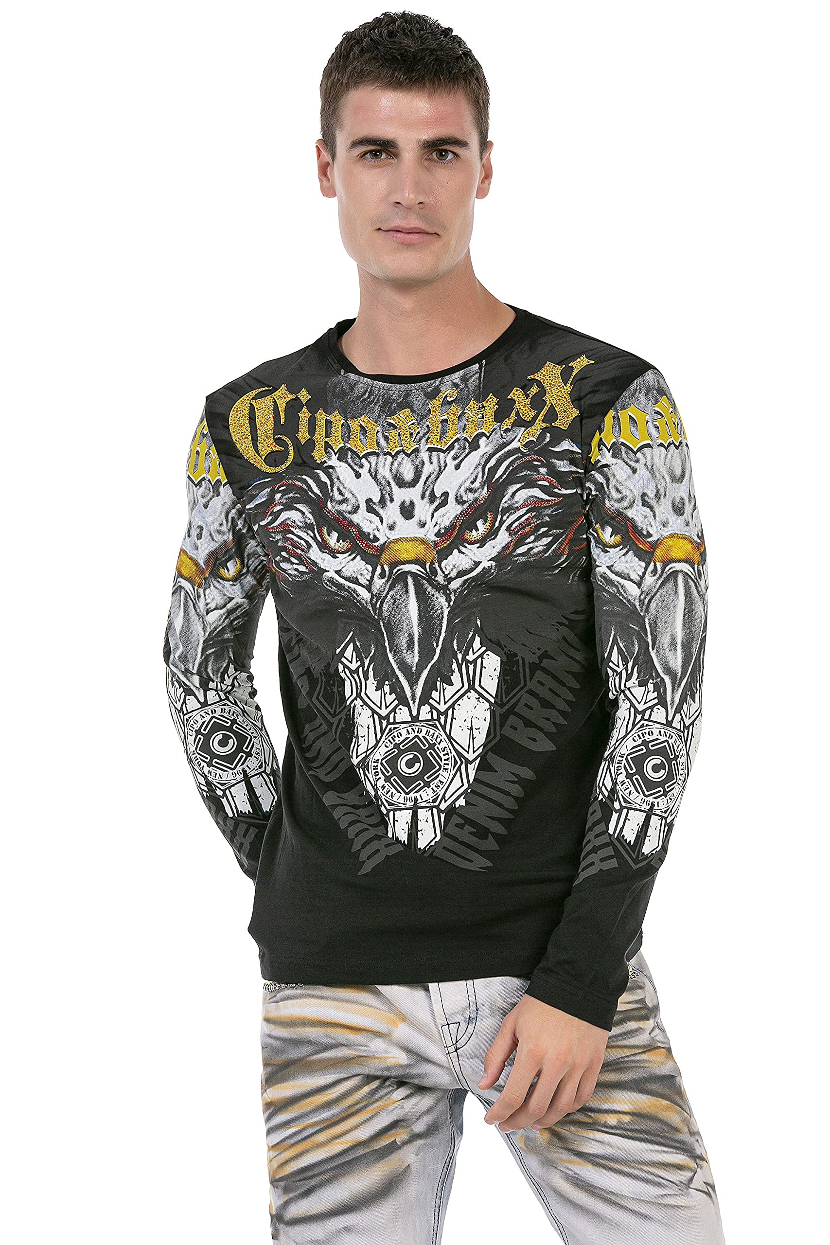 Cipo & Baxx Herren Langarmshirt Aufdruck Strasssteine Longsleeve Sweatshirt Shirt CL488 Weiß L