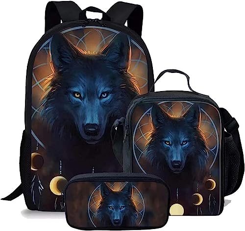 Wolf Schulranzen Set für Jungen Mädchen,3er Pack Schulrucksack Lässiger Tagesrucksack,Grundstufe Kinder Kinder Isolierte Brotdose,Bleistiftetui (A4,12.6inx5.5inx17in)