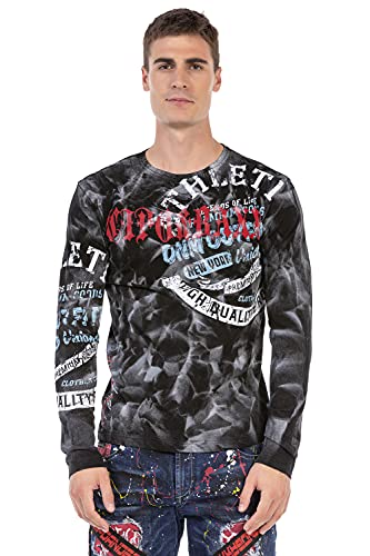 Cipo & Baxx Herren Langarmshirt Rundhals Print Longsleeve Longshirt Sweatshirt CL453 Schwarz XL