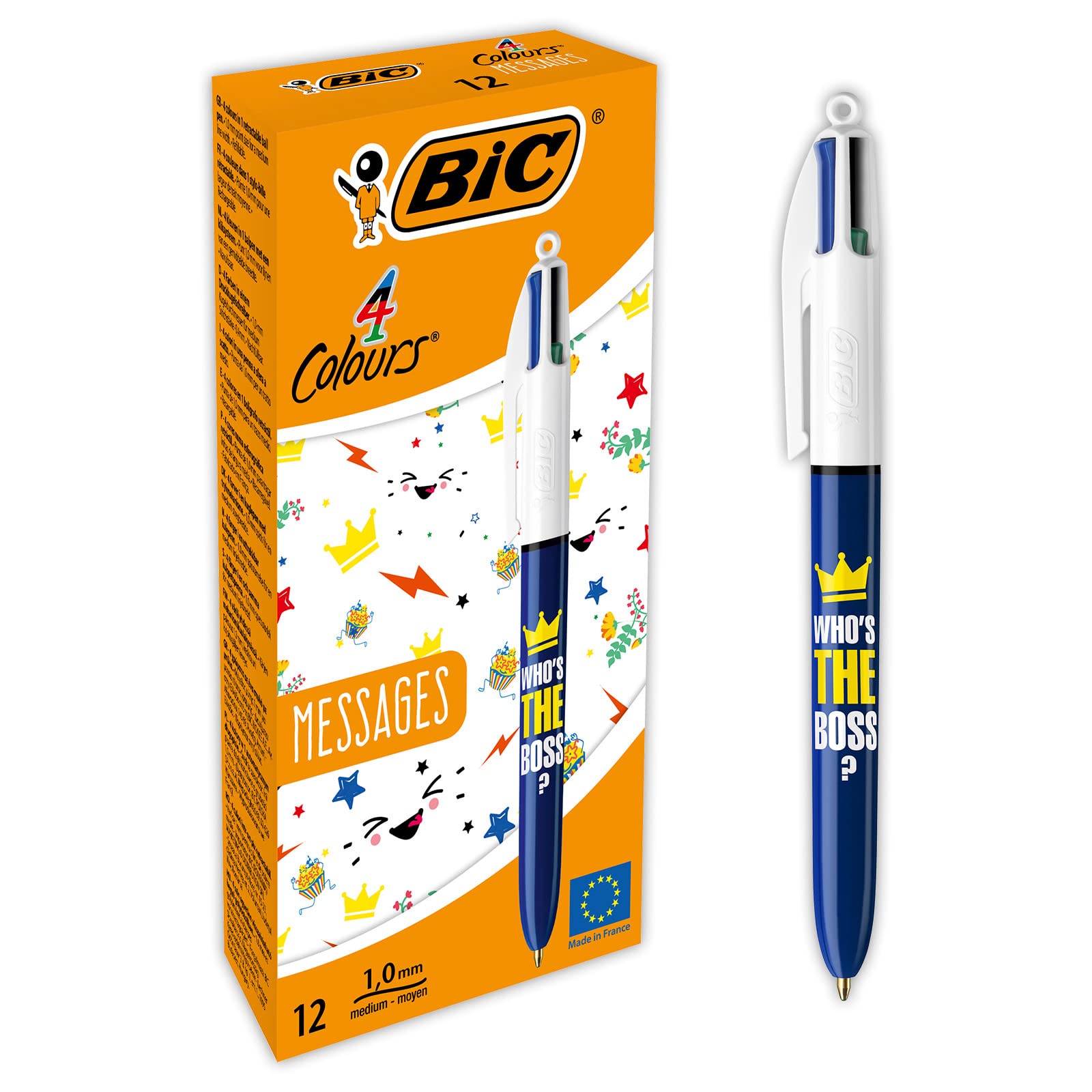 BIC Kugelschreiber, mittlere Spitze (1,0 mm), Motiv Who's The Boss, 4 Farben, 12 Stück