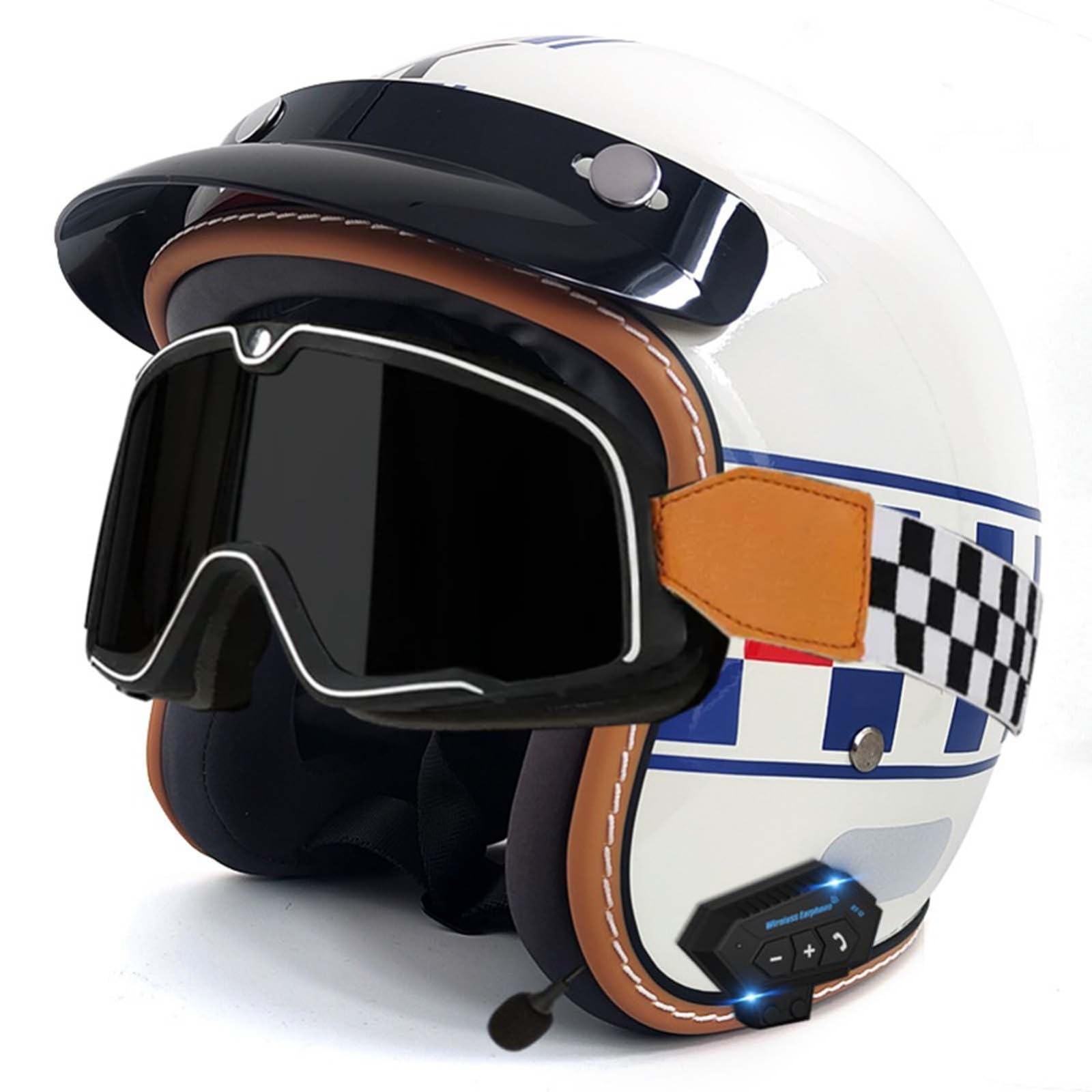 Open-Face-Helm Für Erwachsene, Bluetooth-Halbhelm, Leichter, Atmungsaktiver Retro-Scooter-Helm Mit Schnalle, DOT/ECE-Zulassung Für Männer Und Frauen F,XL61-62CM