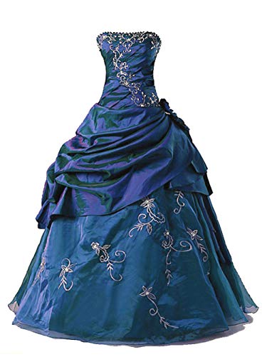 Zorayi Damen Trägerlos Lange Abendkleid Ballkleid Stickerei TAFT Festkleider Brautkleider Blau Größe 44