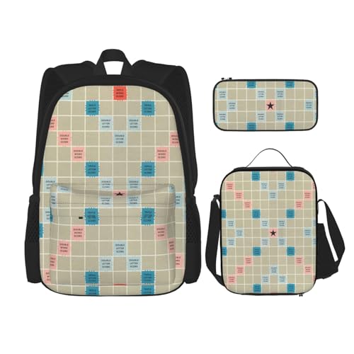 DENMER Mehrzweck-Schultasche mit Marmorstruktur, mit passendem Federmäppchen und Lunchtasche, stilvolle All-in-One-Lösung, Scrabble Board, Einheitsgröße