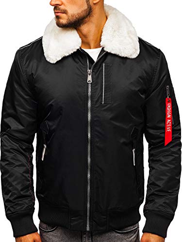 BOLF Herren Winterjacke mit Fell Fliegerjacke Pilotenjacke Bomberjacke ohne Kapuze Steppjacke Blouson Sportjacke Reverskragen Kragenfutter abtrennbar Casual Style Extreme EX1787 Schwarz M [4D4]