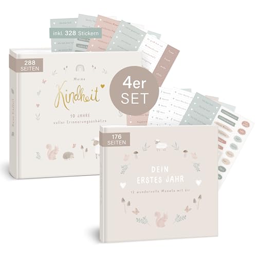 mintkind® Baby Geschenkset "Meine ersten Jahre" Bücher inkl. Stickerset Wald I Mein 1. Jahr + Meine Kindheit I Fotoalbum zum selbstgestalten I Erinnerungsbox Baby I Baby Geschenk Junge & Mädchen