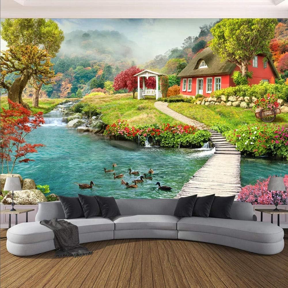 Haus Flusspromenade Rustikale Aussicht 3D Tapete Poster Restaurant Schlafzimmer Wohnzimmer Sofa TV Dekorative Wand-150cm×105cm