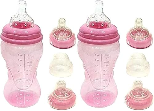 Fiinix 2 x Baby Baby 3 Stufen 0 m + 260 ml Fläschchen, mit einfachem Griff, tropffreiem / auslaufsicherem System und weichem Nippel wie Sauger, für Kinder, Babys, Kleinkinder und Kinder, ideal für Milch, Saft oder Wasser, Rosa