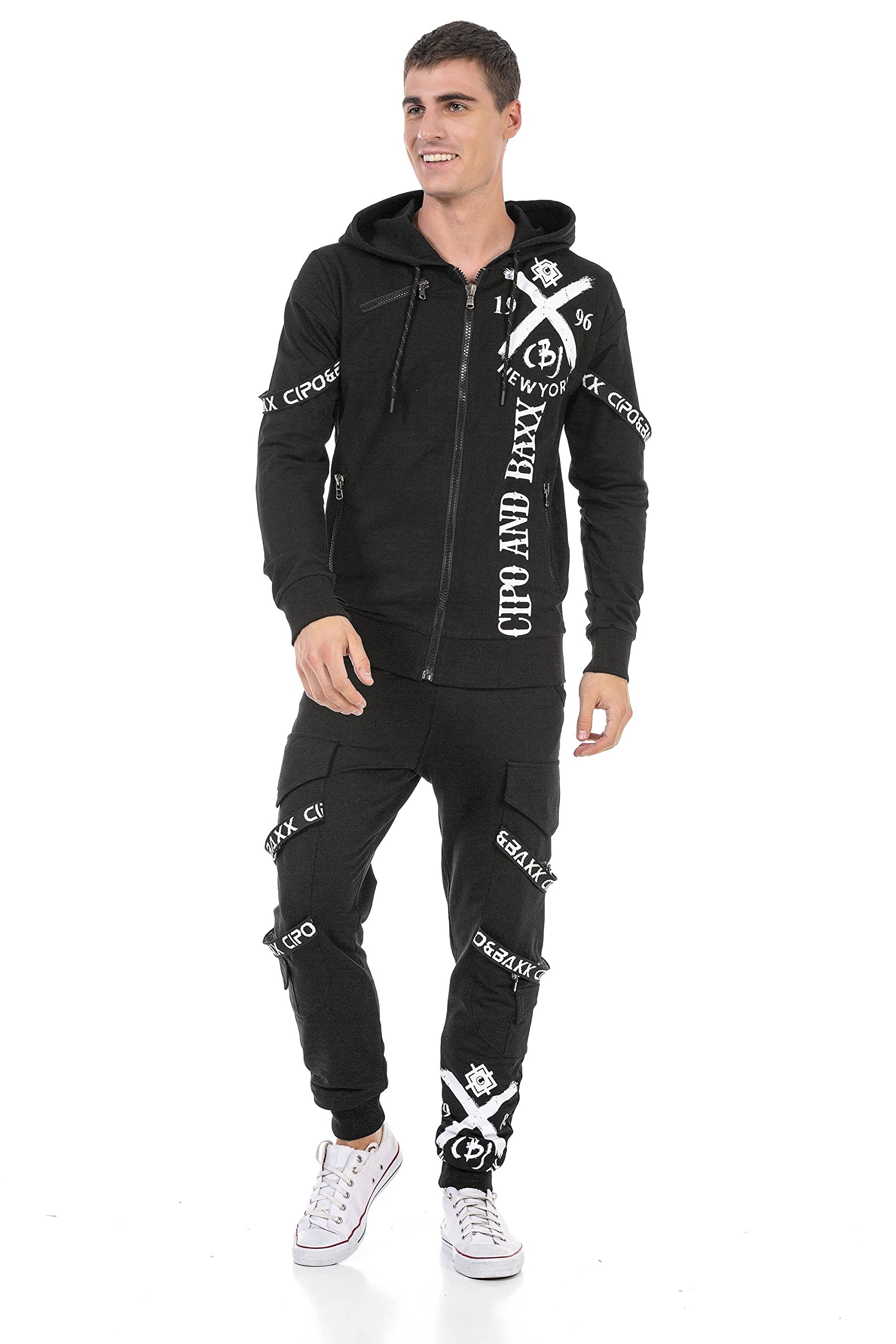 Cipo & Baxx Herren Trainingsanzug Sportanzug Sweatsuit Tracksuit Jogger-Set Sweat Jacke Hose Prints Kapuze CLR140 Schwarz M