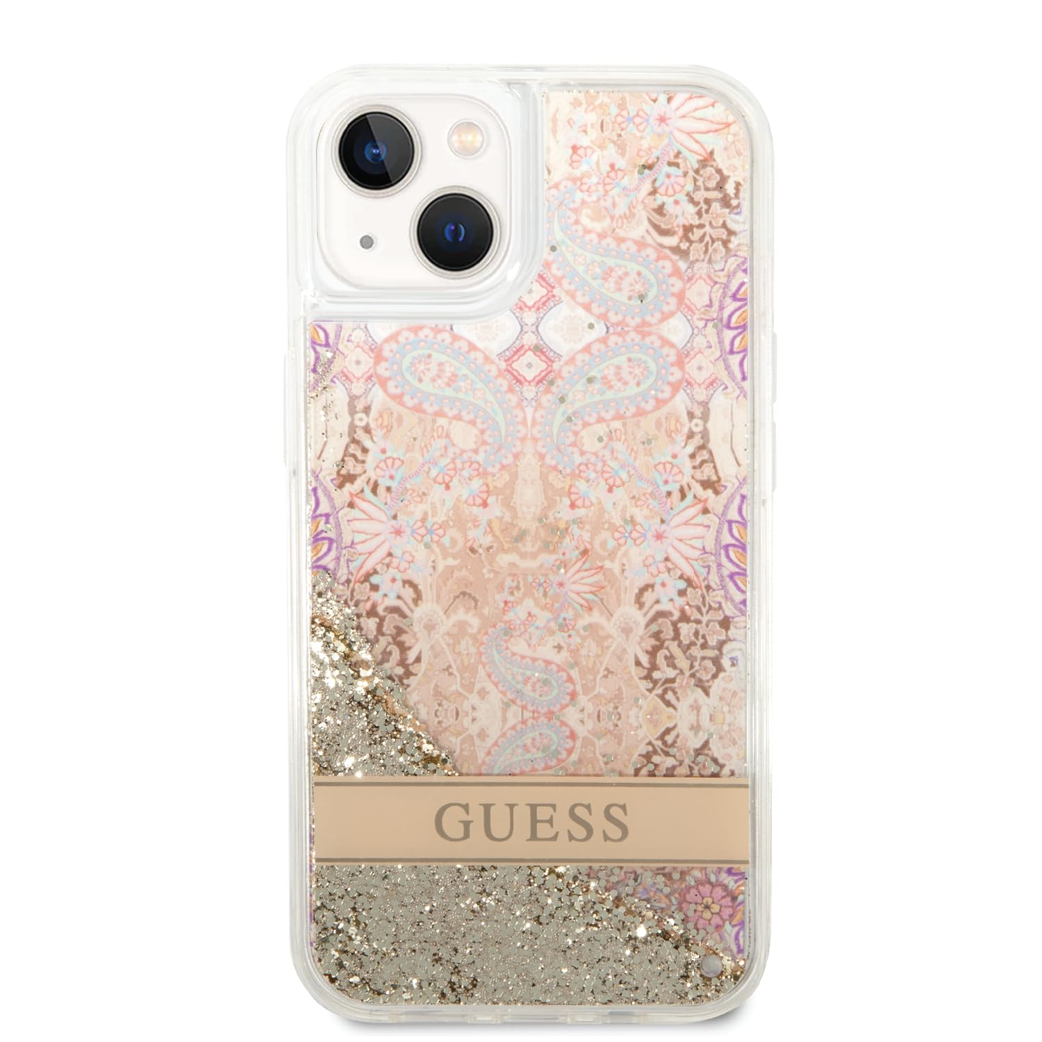 CG MOBILE Guess Handyhülle für iPhone 14 Plus in Gold-Paisley-Muster, kratzfestes PC/TPU, Bequeme und langlebige Hartschale mit zugänglichen Anschlüssen, Stoßdämpfung und Signatur-Logo