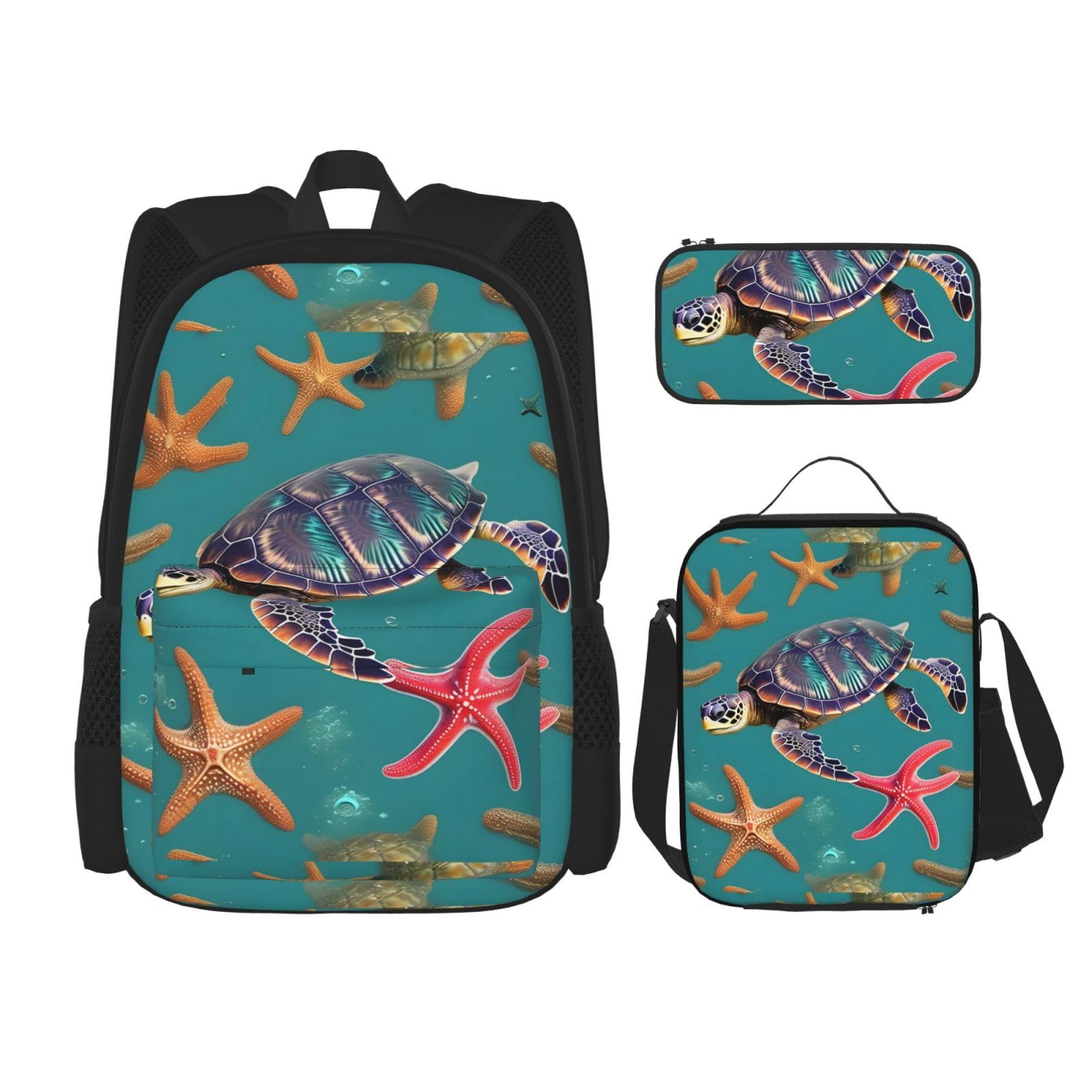 WURTON Meeresschildkröte Seestern Muster Druck Reise Lunchbox Federmäppchen Rucksack Set 3 Stück Verstellbare Träger Leicht, Schwarz, Einheitsgröße, Schwarz, Einheitsgröße, Schwarz , Einheitsgröße