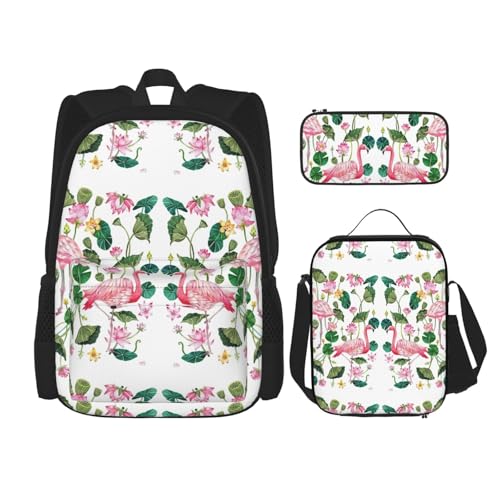 WURTON 3-in-1-Set mit Flamingo-Vogelmotiv, rund, mit Blättern, verstellbarer Schulter-Rucksack, Lunch-Tasche, Federmäppchen, Beutel, Schwarz, Einheitsgröße