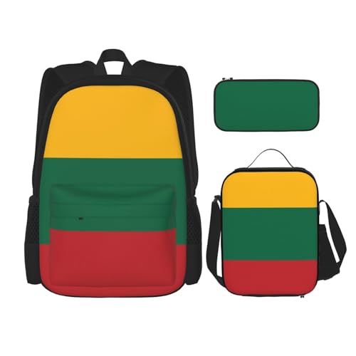 WURTON 3-in-1-Set mit Flaggen-Aufdruck von Litauen, lässig, verstellbar, Schulter-Rucksack, Lunchtasche, Federmäppchen, Beutel, Schwarz, Einheitsgröße