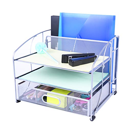 Exerz Tisch-Organizer Aus Metalldraht Bürobedarf 3 Tabletts/Desktop-Aktenhalter Mit Schiebeschublade Und Hängendem Aktenhalter/Vertikaler Aufrechter Abschnitt-Papiersortierer (Silber Neu)