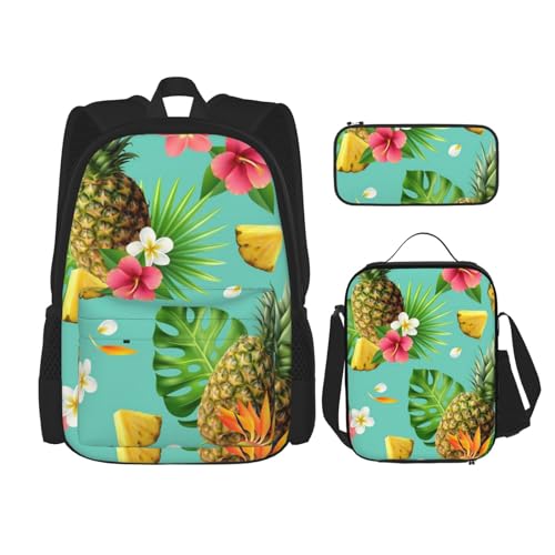 DENMER Mehrzweck-Schulranzen mit Flamingos, mit passendem Federmäppchen und Lunchtasche, stilvolle All-in-One-Lösung, Tropische Ananas, Einheitsgröße