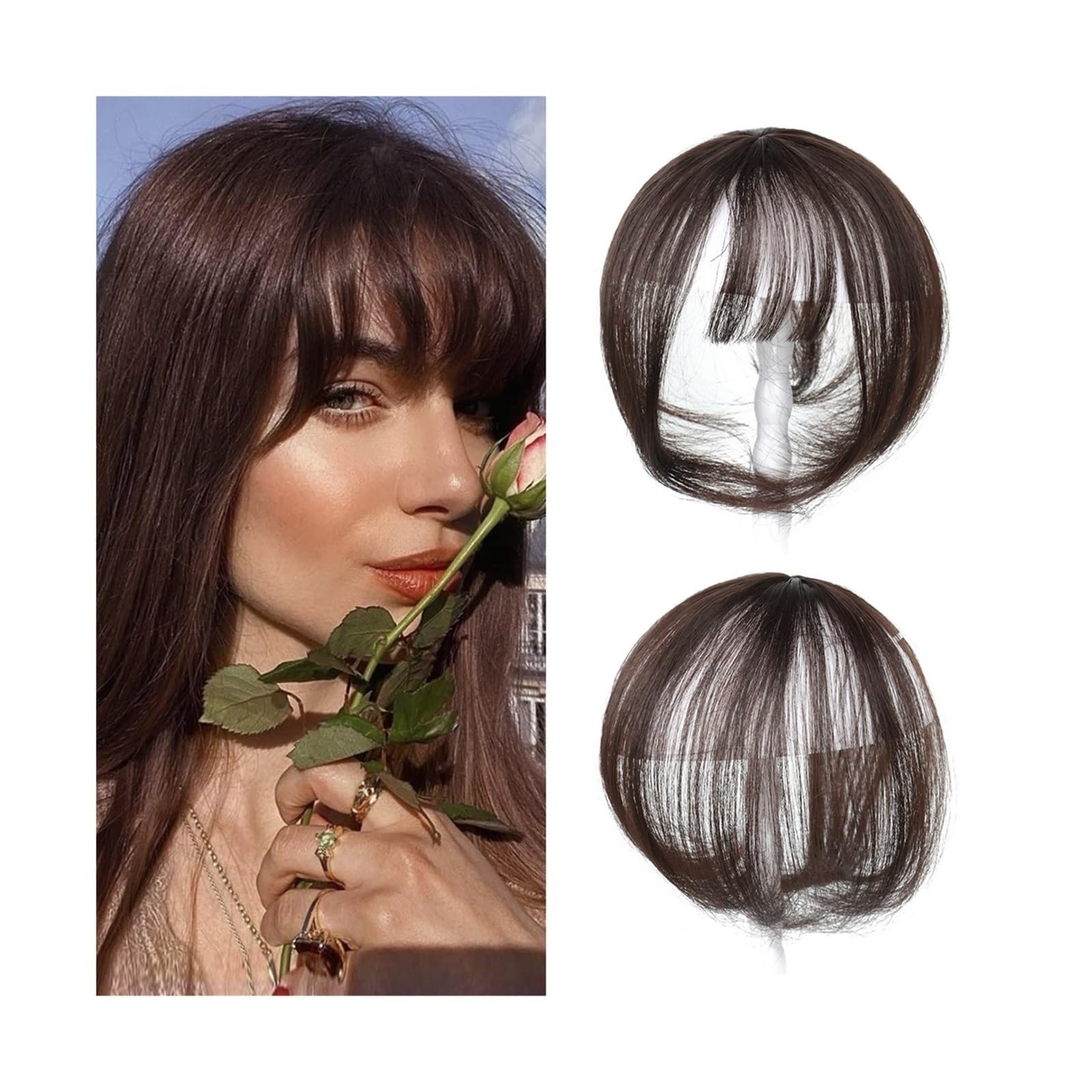 Pony Extension für Damen Synthetischer 3D-Pony, unsichtbar, nahtlos, Kopfhaar, Air Bangs, Overhead, natürlich, unsichtbar, erhöht das Haarvolumen Fringe Bangs(Dark brown)