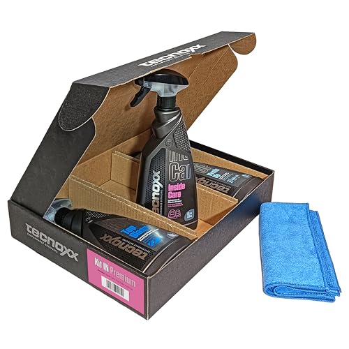 Tecnoxx - Kit In Premium 3 Pro Range Produkte für die Innenreinigung von Autos Behälter XL 750 ml Enthält Armaturenbrettreiniger und -politur, Polsterreiniger und Bildschirmreiniger