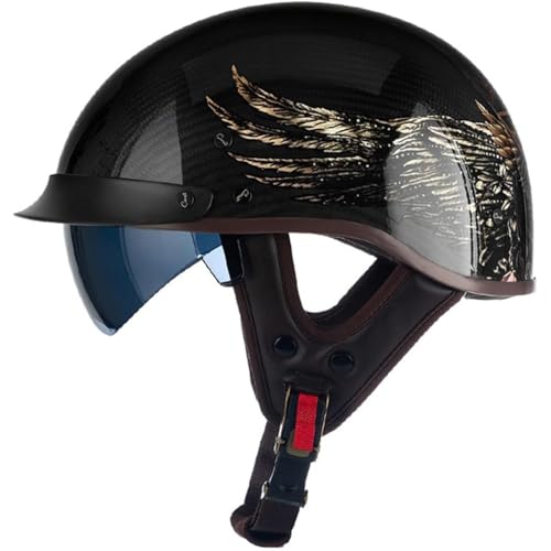 BYFHHHH Motorradhelm, ECE-Zertifizierter Retro-Halbhelm Für Männer Und Frauen, Vintage-Cruise-Light-Helm Aus Kohlefaser Mit Sonnenblende, Halbschalenhelm, Rollerhelm H,M=57~58CM