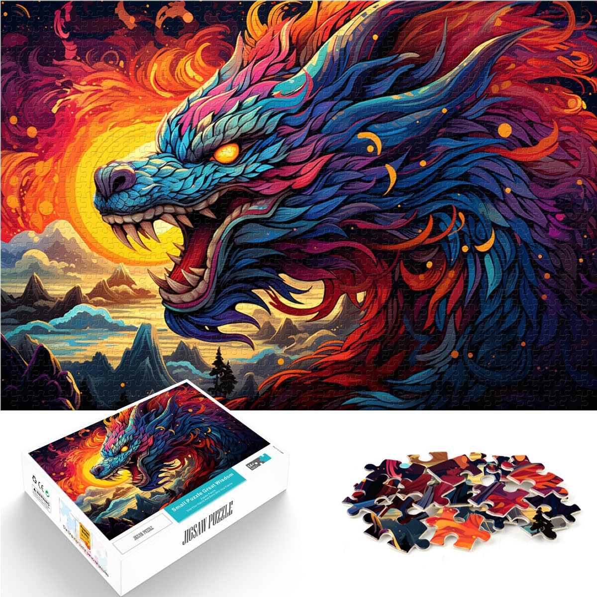 Puzzle für Puzzle, farbenfrohes psychedelisches chinesisches Drachenpuzzle für Erwachsene, 1000 Teile, Holzpuzzle für Familienspaß und Spieleabend, 1000 Teile (50 x 75 cm)