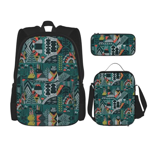 WURTON 3-in-1-Set mit grünem Tierdruck, lässig, verstellbarer Schulter-Rucksack, Lunch-Tasche, Federmäppchen, Beutel, Schwarz, Einheitsgröße