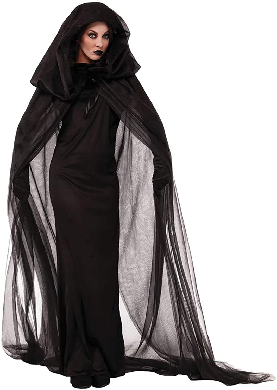 chuangminghangqi Schwarze Geisterbraut Halloween Kostüm Damen böse Königin Abendkleid, Karneval Ausführen Kostüme Erwachsene Hexenkostüm Horror Vampir Lange Kleid mit Kapuze (schwarz, XXL)