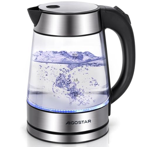 Aigostar Verdicktes High-Bor Glas Wasserkocher mit LED-Beleuchtung, 1.7 Liter Edelstahl Glaswasserkocher, 2200 Watt, Trockenlaufschutz, BPA frei.