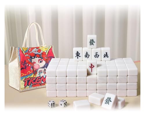 BFVAKBKYT Chinesisch Majong Set, Mittlere Mahjong-Steine ​​* 144, massives Melamin, mit Aufbewahrungstasche aus Oxford-Stoff im Peking-Opern-Stil + Tischdecke, 30 * 22 * ​​17 mm,(White)