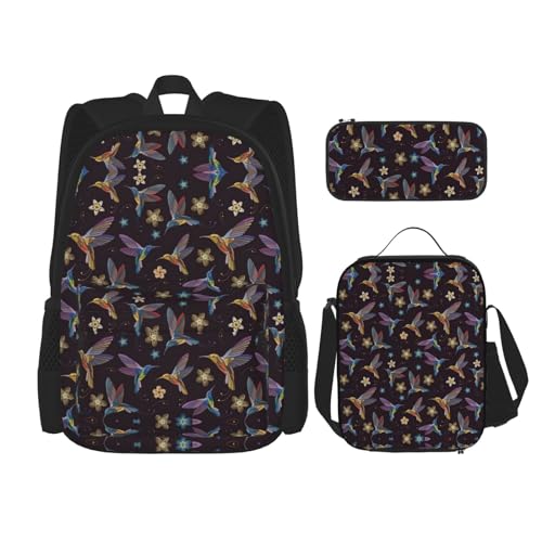 WURTON Rucksack mit Blumenmotiv, Kolibris, Stickerei, Druck, Schultasche, mit Lunchtasche, Federmäppchen, Kombination, Schulranzen-Set