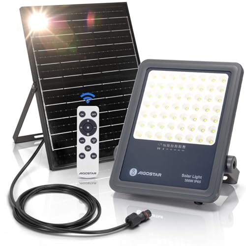 Aigostar Solarstrahler mit Fernbedienung,300W,3000lm,6500K kaltweißes Licht,IP65 wasserdichter Außenstrahler,sehr gut geeignet für Außengärten,Terrassen,Wege oder Garagen,2 m Kabellänge