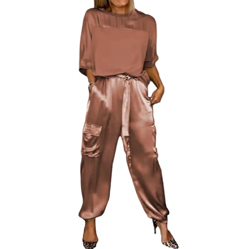 FITPOST Damen-Pyjama-Set, glattes Satin, halblange Ärmel, Oberteil und Hose, lässiger Sommer-Satin-Pyjama-Set, Rundhals-Shirt und lange Hose, braun, 48