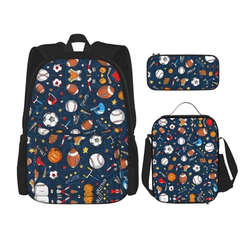 WURTON Rucksack mit Baseball-/Basketball-/Fußball-Hockey-Aufdruck, 3-in-1 Büchertasche-Set mit Lunchbox, Federmäppchen, Reise, Laptop, Tagesrucksack