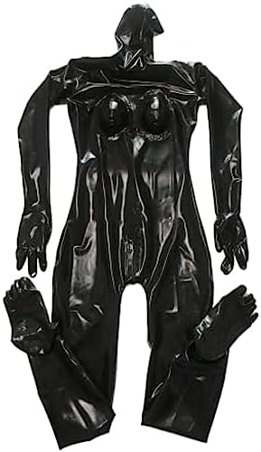 Gesichtseinstieg, Latex-Ganzkörper-Catsuit, Handschuhe, Zehen, Socken, Tasche Für Silikonbrust,(Weiblich) Schwarz,Mittel