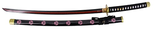 Funktionsfähiges Katana S5015H Shusui von Zoro aus One Piece, inoffizielle Replik, 105 cm Klinge AISI 1045 Kohlenstoffstahl, mit rotem Wellenschliff, Griff mit schwarzer Wicklung, inklusive Ständer