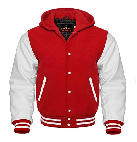 Herren Varsity Jacke Hoodie Rindsleder Arme und Wolle Letterman College Top Coat - Rot - XX-Large