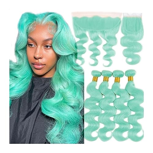 Human Hair Bundles Hellgrüne Körperwellen-Haarbündel, 3 Bündel mit Verschluss, brasilianische 100% Echthaar-Webart, Bündel mit Verschluss vorne human hair weave (Size : 4" x 4", Color : 12 12 14 14