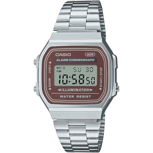 Casio Digitale Unisex-Armbanduhr mit braunem Zifferblatt, A168WA-5AYDF, Silber, Antik