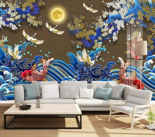 Abstrakte Wellen Fisch Mond Kran Zweige Blumen 3D Tapete Poster Restaurant Schlafzimmer Wohnzimmer Sofa TV Dekorative Wand-200cm×140cm