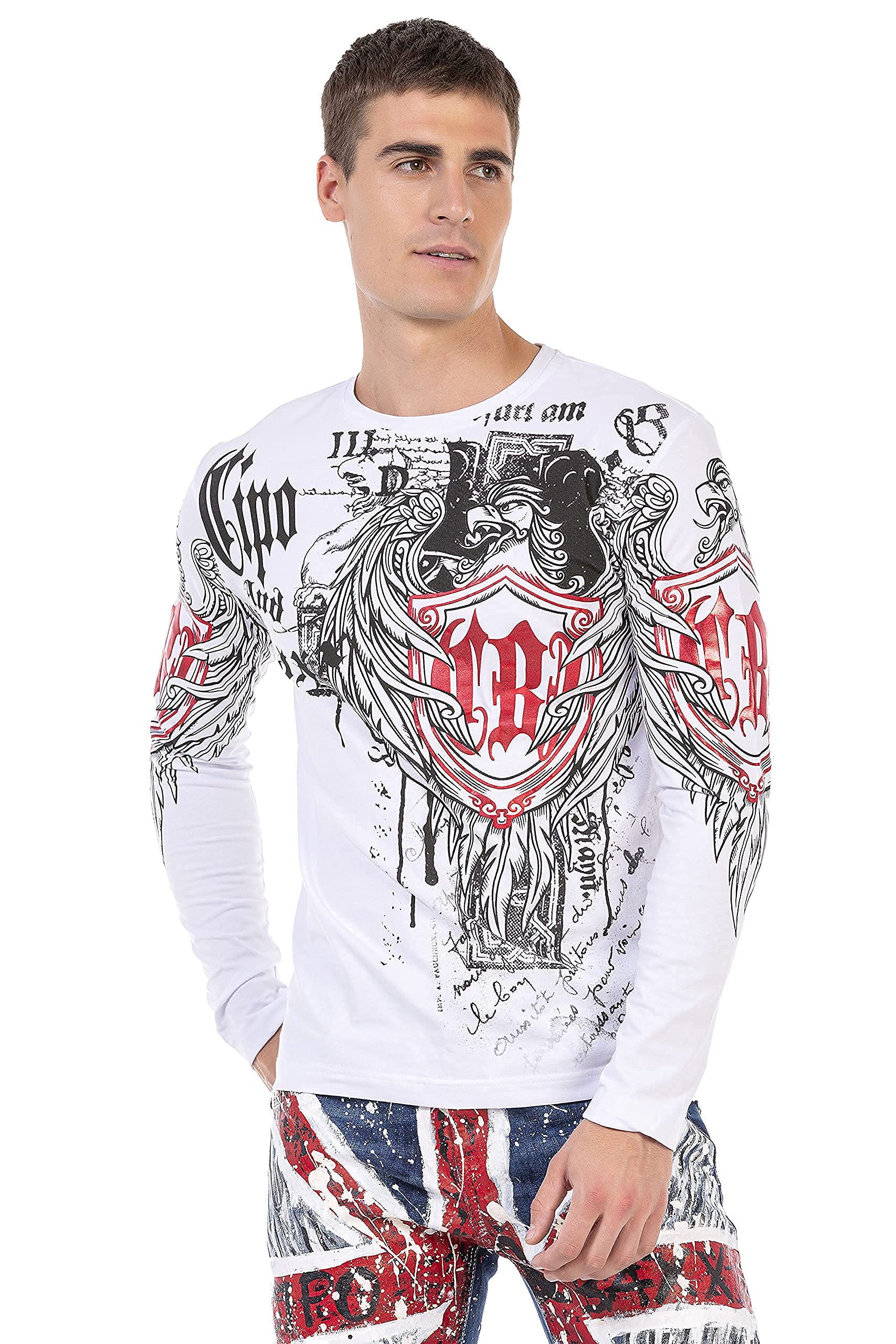 Cipo & Baxx Herren Langarmshirt Sweater Longsleeve Print Sweatshirt Rundhals CL477 Weiß XL