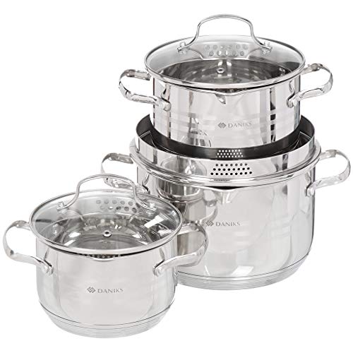 Daniks Tokio Edelstahl Topfset Induktion | Kochtopf Set mit Siebeinsatz | 2 L Ø 16 cm + 3 L Ø 18 cm + 4.75 L Ø 20 cm | Nudeltopf Suppentopf Pastatopf | Silber