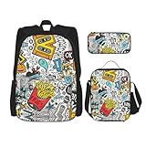 WURTON Comic-Kunstdruck, trendige Rucksacktaschen, Lunchbox und Federmäppchen, 3-in-1, verstellbares Rucksack-Set, Schwarz , Einheitsgröße